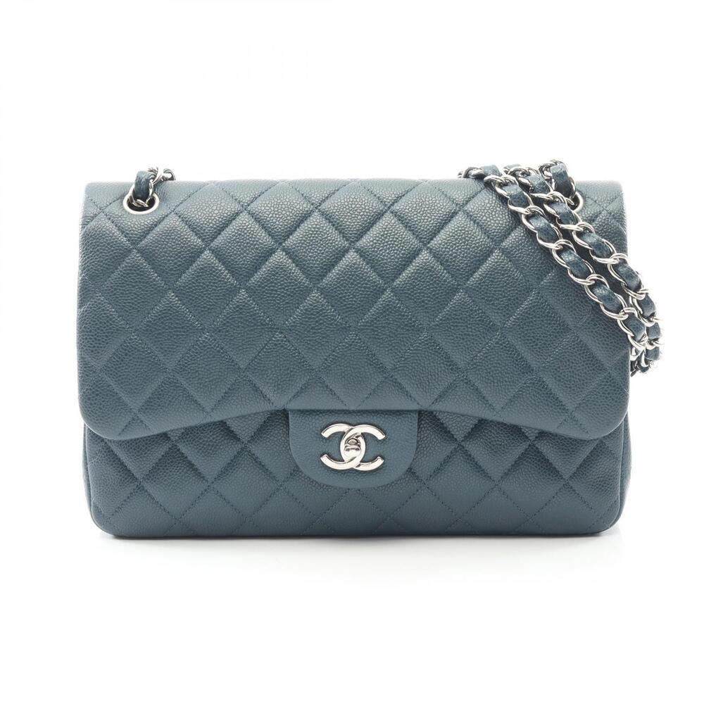 Chanel Double Flap Shoulder Bag Caviar Leather Grained Calfskin Green